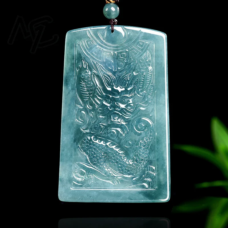 Natural Real Emerald Blue Water Jade Divine Dragon Lord Guan Pendant Necklace Carved Jadeite Jewelry Amulet Gifts Certificate