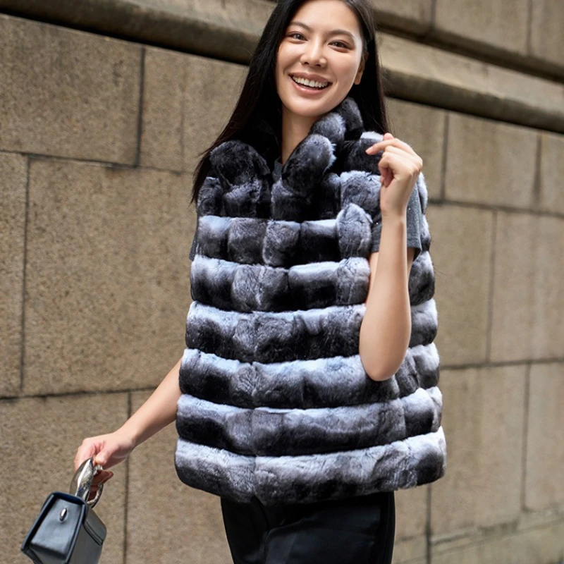 2025 شتاء جديد ريال ريكس الأرنب الفراء سترة شينشيلا اللون الوقوف طوق الرقبة جيليه فروي سميكة الدافئة قصيرة صدرية فاخرة #4