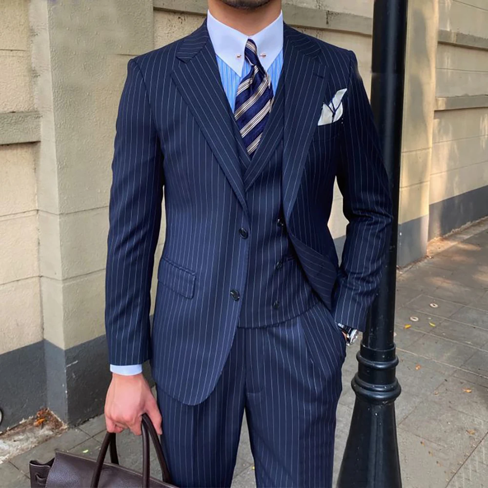 Fashion Navy Blue Striped Suits For Mens Formal Business Blazer Wedding Groom Tuxedo Party Blazer 3 Piece Set Costume Homme