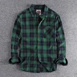 Spring New American Retro Long-Sleeve Lapel Brushed Fabric Plaid Shirt Men's Fashion 100% Cotton Washed Loose Casual Blouses