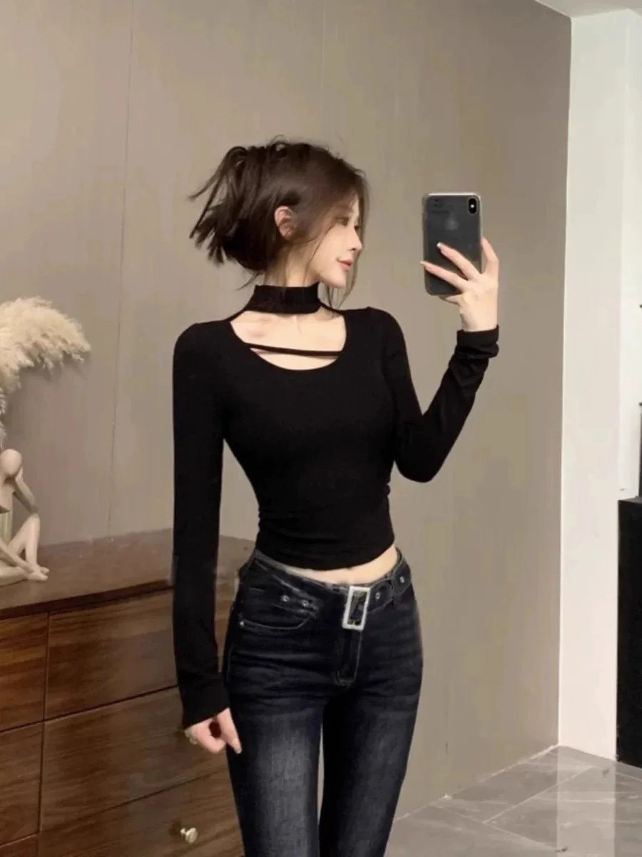 

Весна 2026, корейская облегающая футболка Long Sve, женская футболка с вырезом, дизайн, нагрудник, топ, хлопок, U-образный вырез