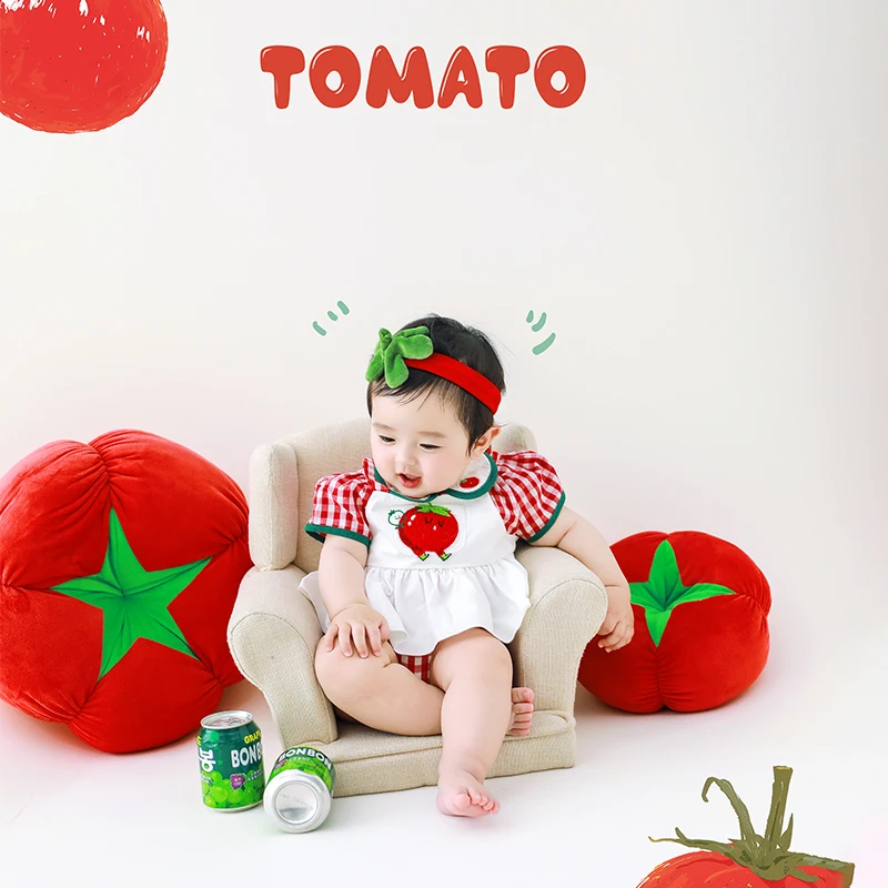 Red Theme Costume with Headband Newborn Photography Props Cute Outfit Red Tomato Doll 3-4 months Baby Photoshoot Props Accessory