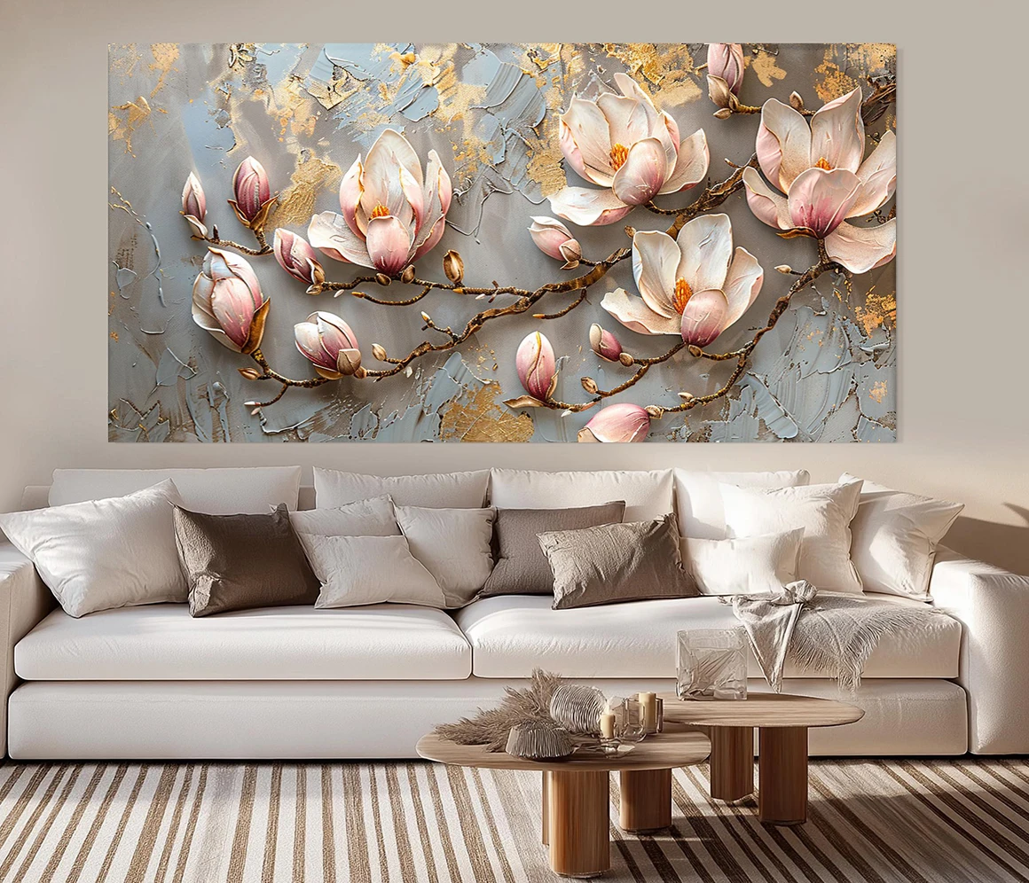 Soft Pink Magnolia Blooming Painting Printed on Canvas, Luxury Bedroom Wall Decor, Neutral Pink Flower Poster, No Framed
