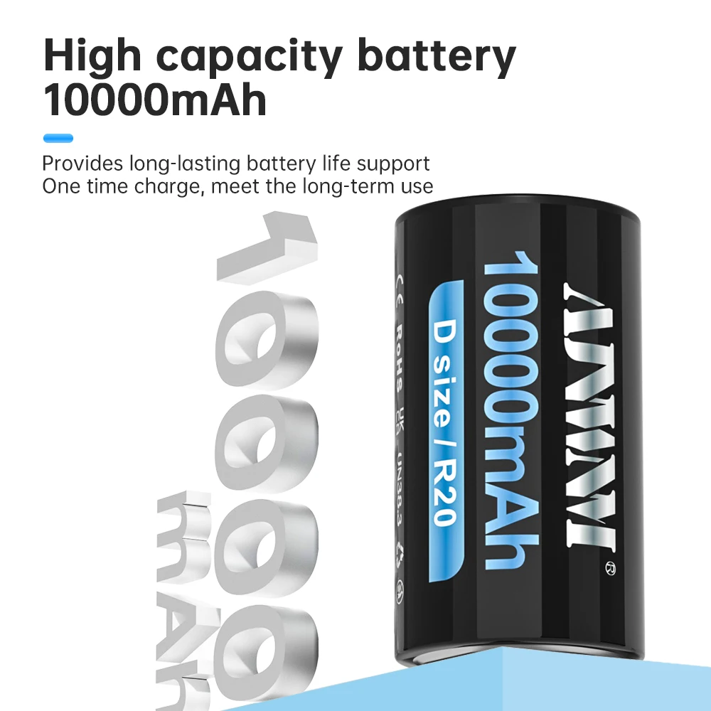 Batería Lipo LR20 de iones de litio recargable por USB tipo C, 10000mAh, 1,5 V, tamaño D, para estufa de Gas, cocina, linterna, accesorios para Dron