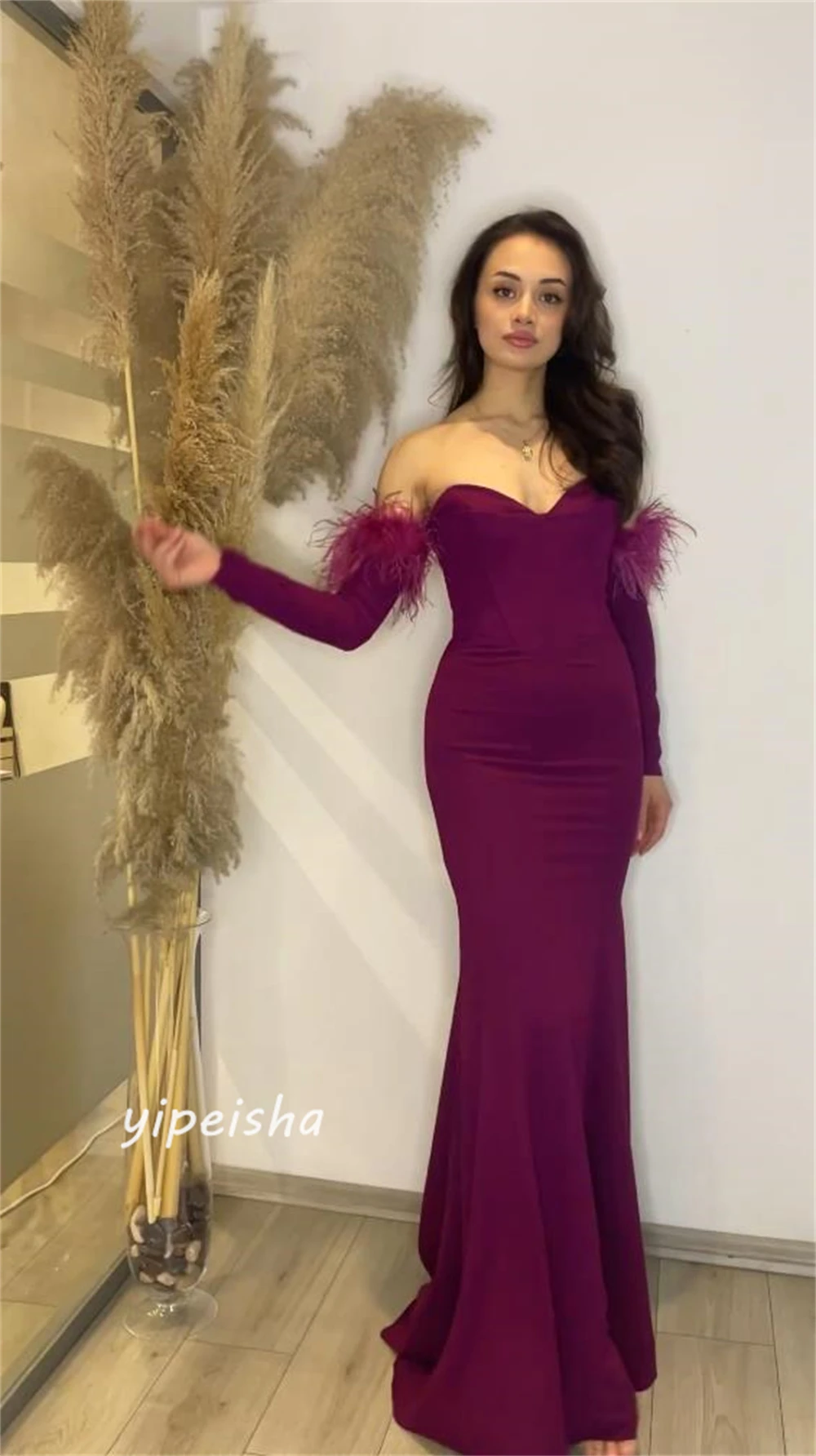 Jersey Feather Ruched Party A-line Off-the-shoulder Bespoke Occasion Gown Long Dresses Evening Saudi Arabia