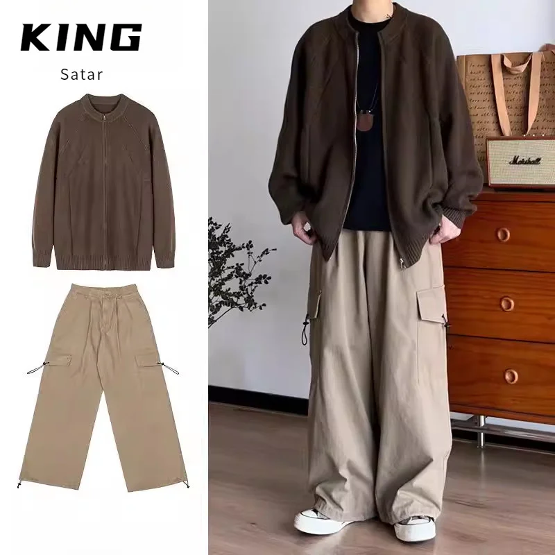 

Комплект: вязаный кардиган на молнии и свитер свободного кроя с воротником-стойкой, однотонный, для повседневной носки, осень-зима