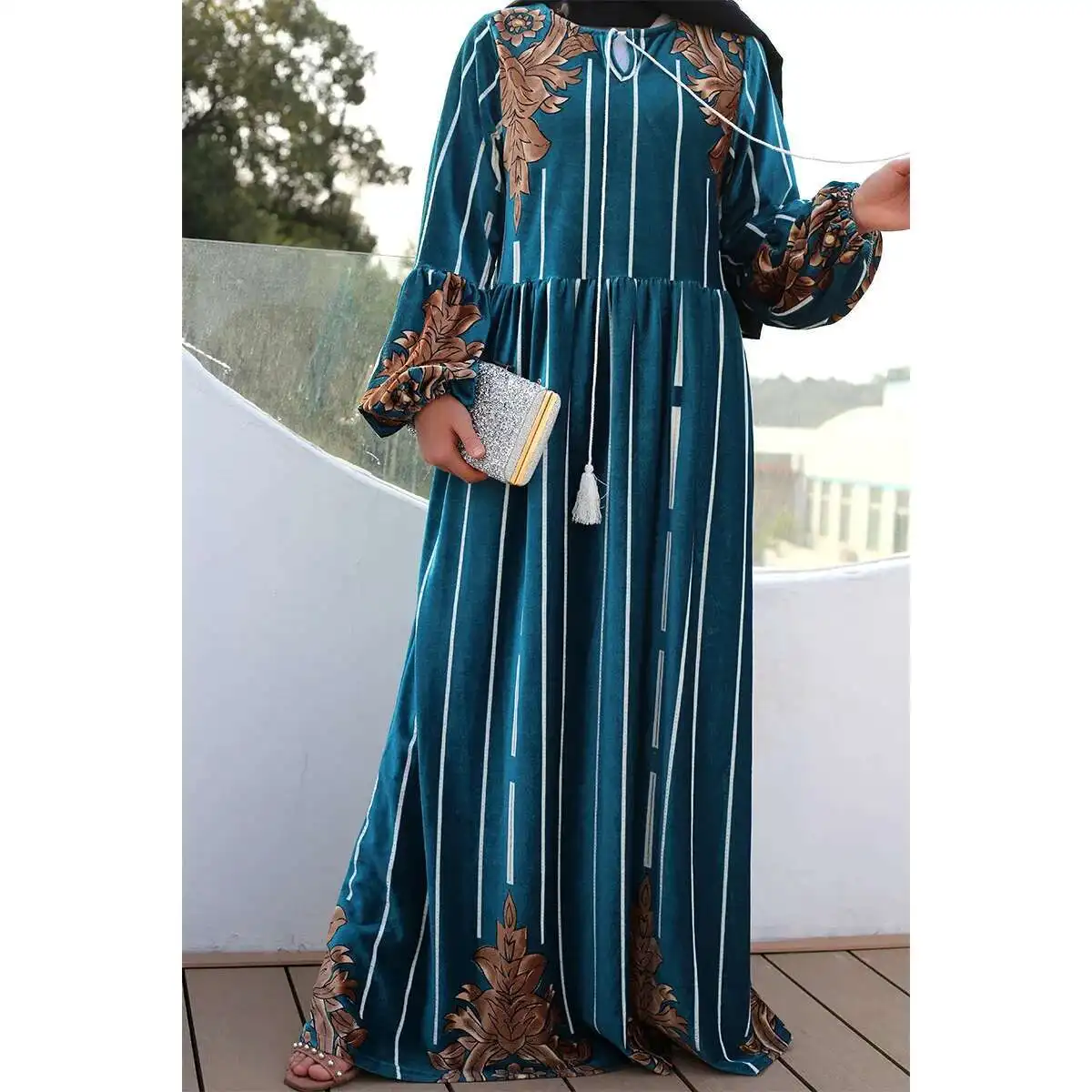 

Autumn and Winter New High Quality Golden Velvet Long Sleeve Fashion Dress 6244 Robe Abaya Ramadan Dubai Luxury Islam Elegant