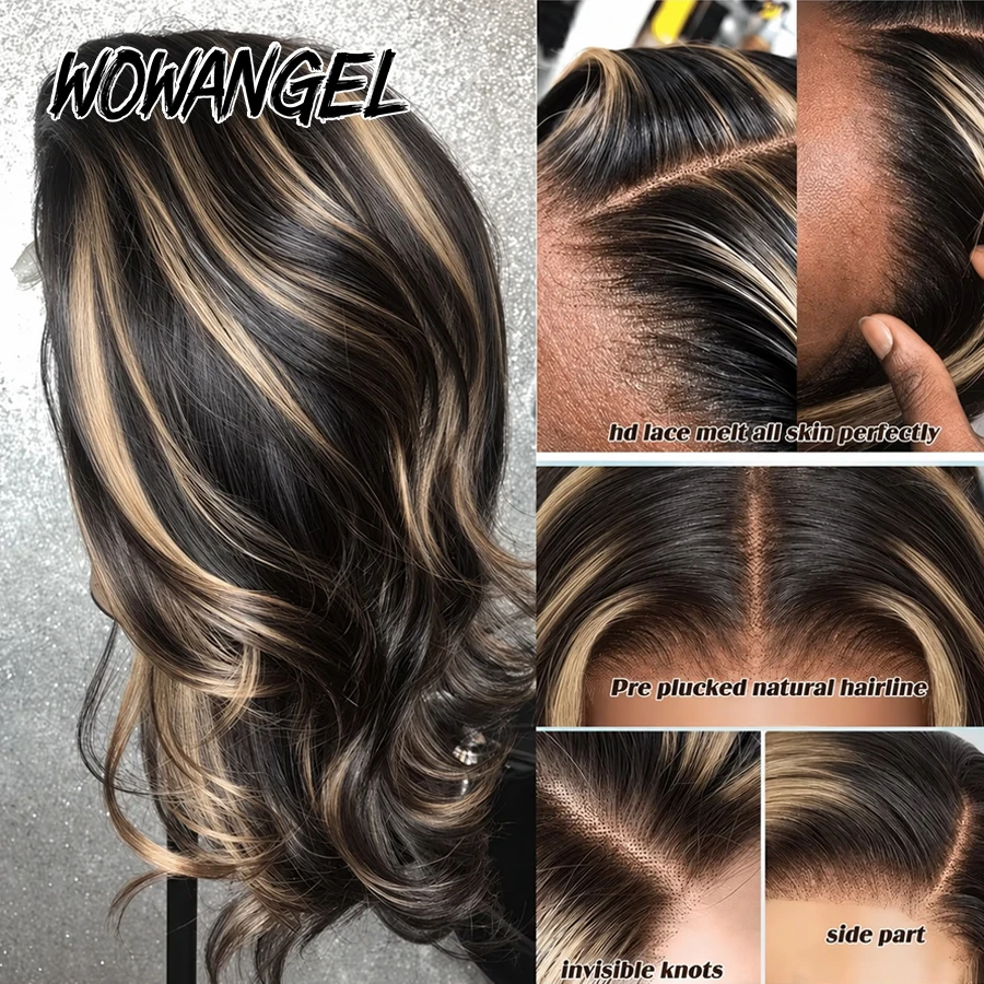 WOWANGEL 1B/27 Body Wave 5x5 HD Lace Closure Wig Highlight Human Hair Wig Glueless Pre Plucked Blonde Deep Parting HD Lace Wig