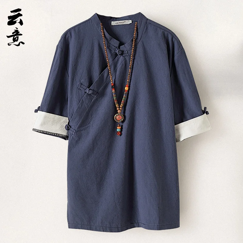 

Summer New Pure Cotton Button ort Sve Hanfu Men Loose Five Sve Taoist Robe Tang Costume Trendy Youth Chinese Sle Top