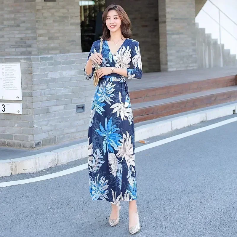 Sukienki letnie dla kobiet Floral Print Wrap Maxi Dress Split V Neck Holiday Beach платье Robe Femme vestidos elegantes para mujer