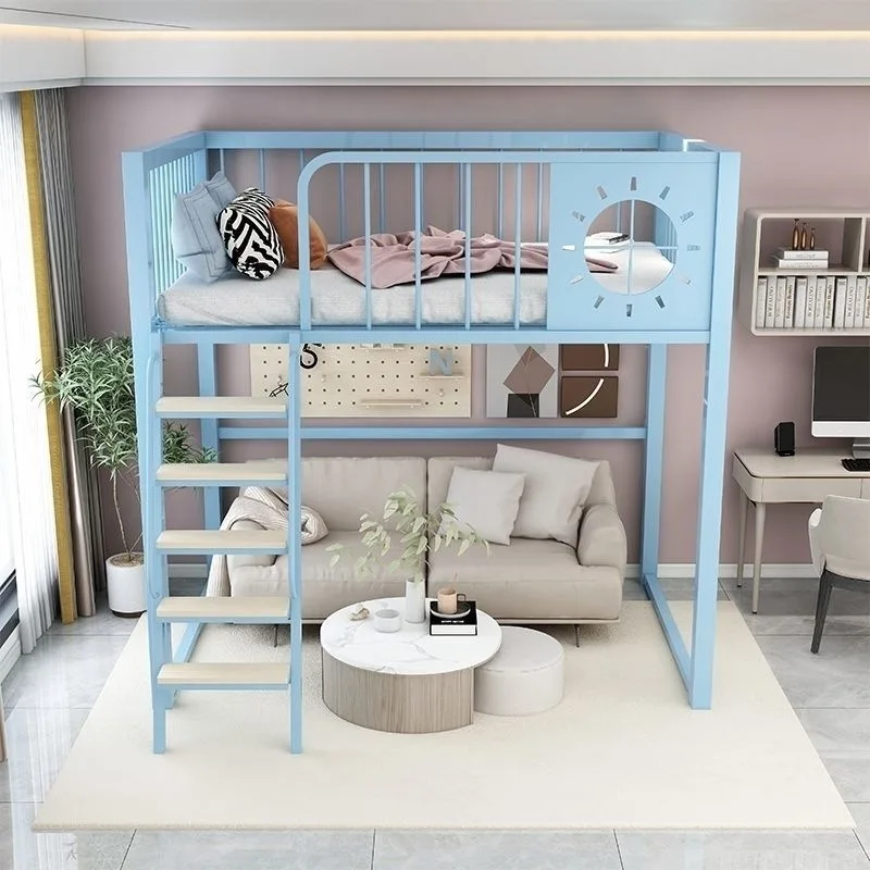 New wrought iron elevated bed loft multi-function bed space-saving small apartment simple bed