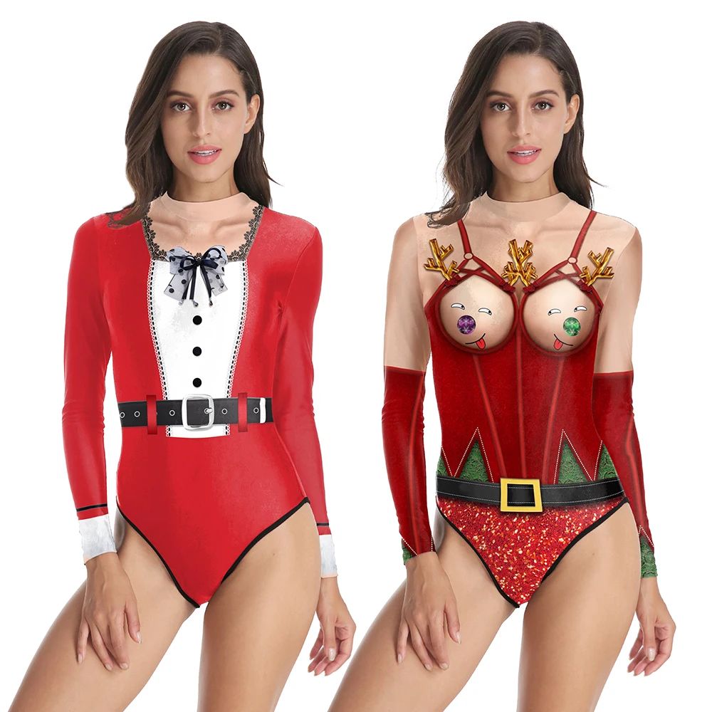 NADANBA Christmas Red Swimsuits Zentai Bodysuits Sexy Cosplay Santa Claus Costumes 3D Print Party Long Sleeve Swimwear Xmas Gift