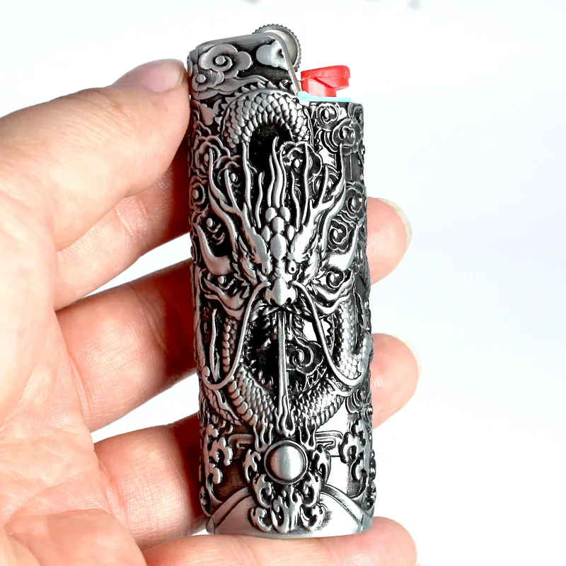 New Metal Dragon Relief J6 Lighter Case Sleeve Holder For BIC Standard Size Lighter Cover
