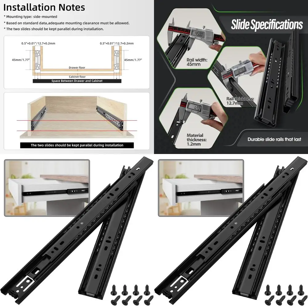 

10 пар направляющих с шарикоподшипниками для выдвижных ящиков 8-24 дюйма, грузоподъемность 100 фунтов, металлические направляющие с боковым креплением, направляющие для кухонных шкафов (14, Bl)