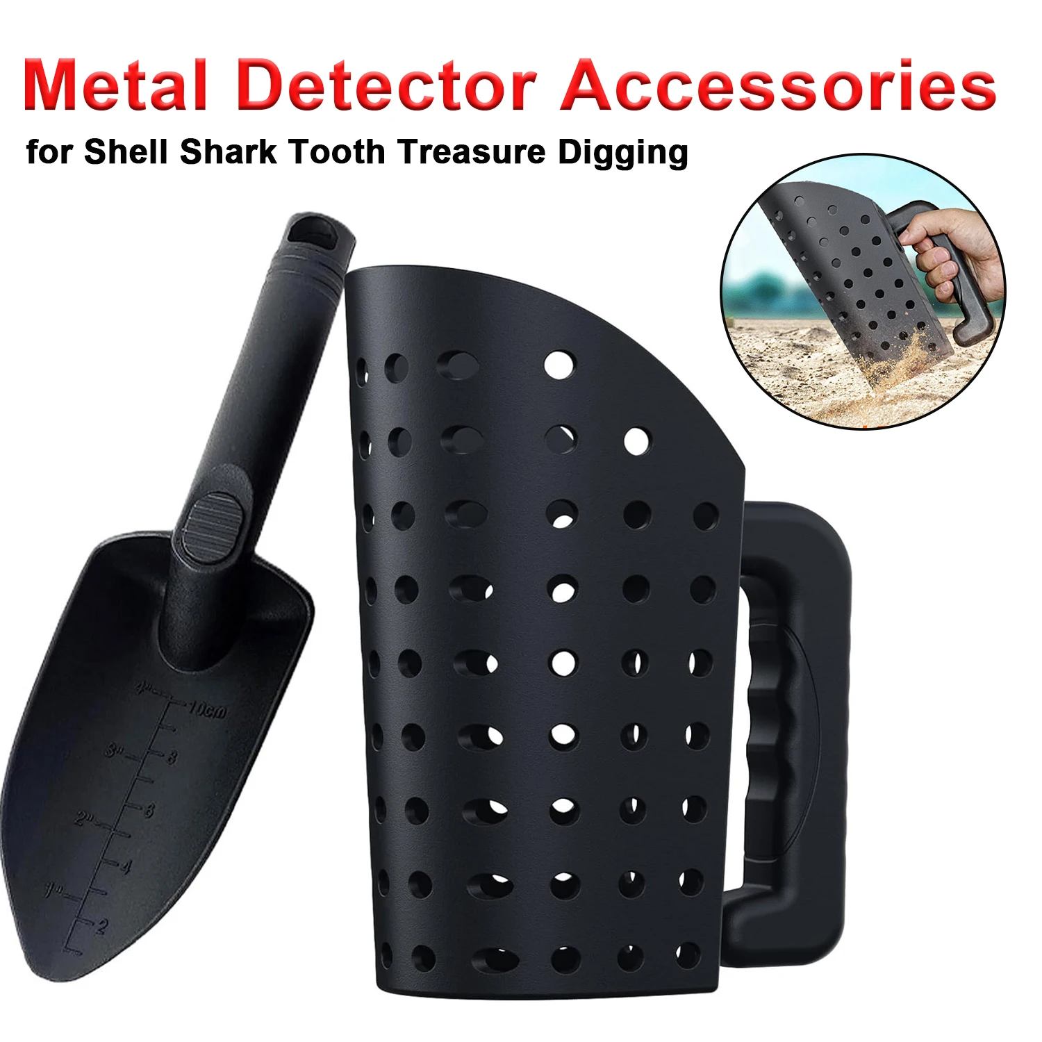 

Metal Detector Accessories Black – Sand Sifter Beach Shovel Scoop for Shell Shark Tooth Treasure Digging Kids Adults