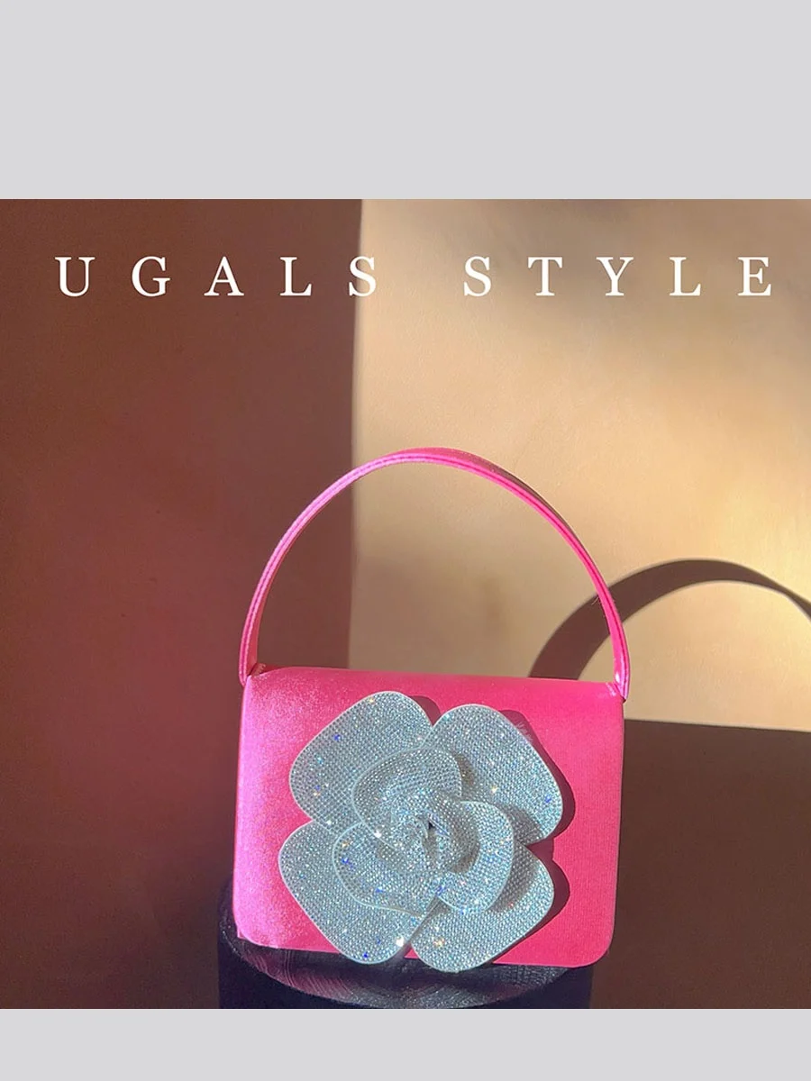 UGALS Tea Flower Shiny Sparkling Diamond Small Square Bag Silk Satin Handbag Clutch Shoulder Bag for Evening Party Mobile Pho...