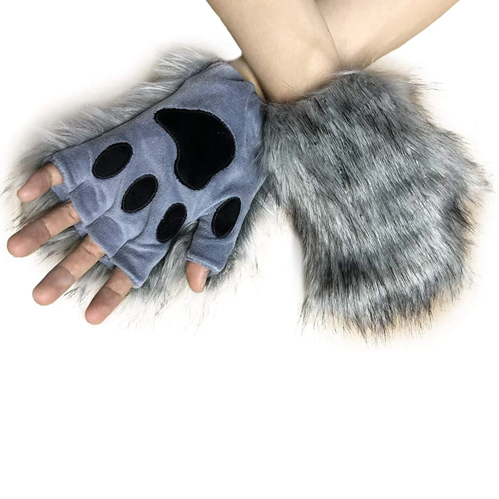 Wolf Paw Faux Fur Cat Fingerless Mittens Warm Winter Gloves for Cosplay Halloween Fancy Party Costume Accessories