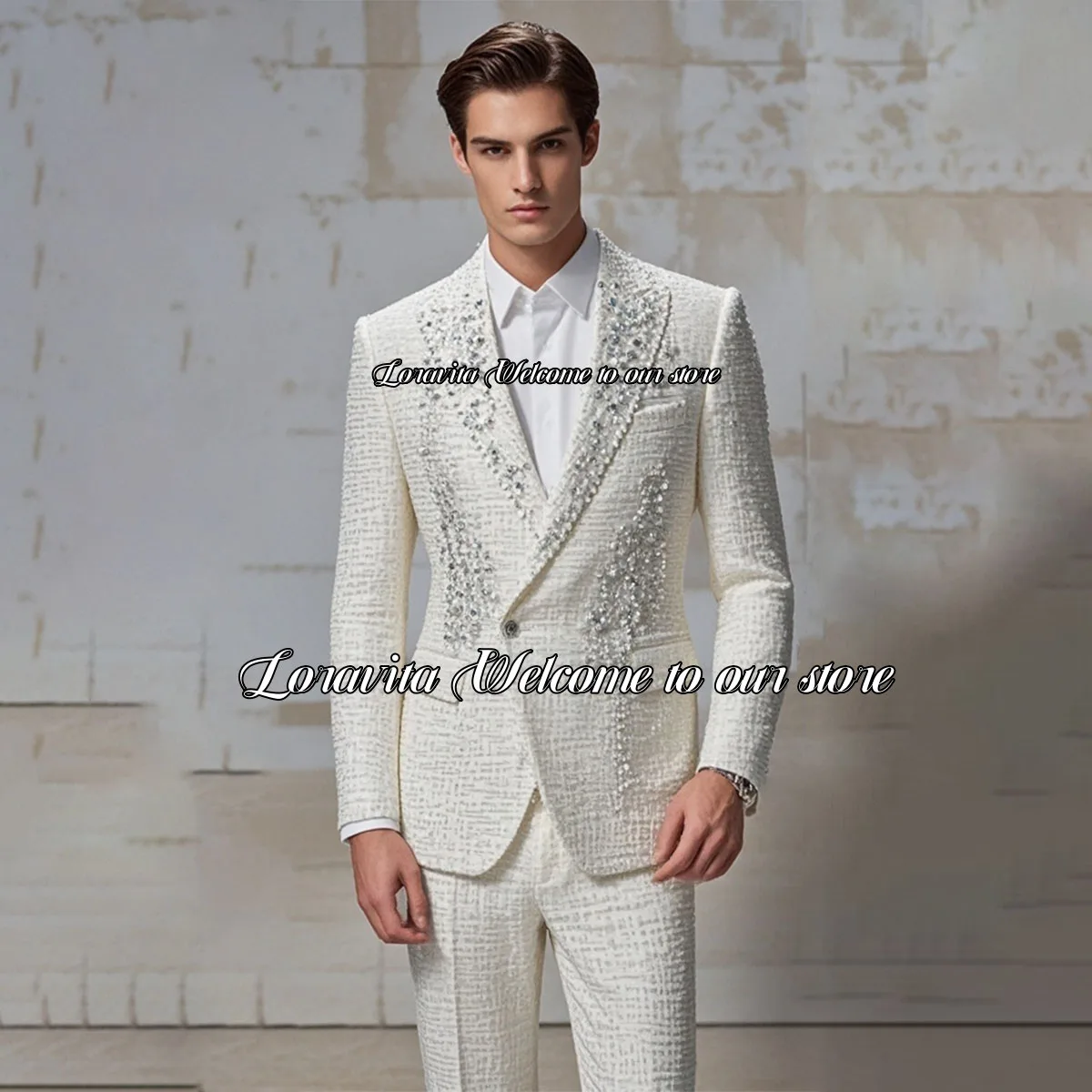 Luxury Sparkly Beaded Crystals Men Suits 2 Pieces Sets Groom Wedding Tuxedos Formal Male Prom Blazers Slim Fit Costume Homme