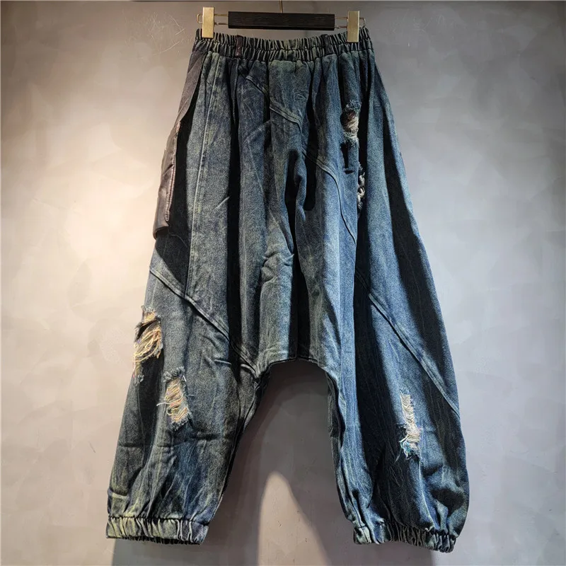 Personalized Split Leather Jeans for Women in The Spring of 2026, with Elastic Waistband Loose Fit and Ankle Cinching Pants