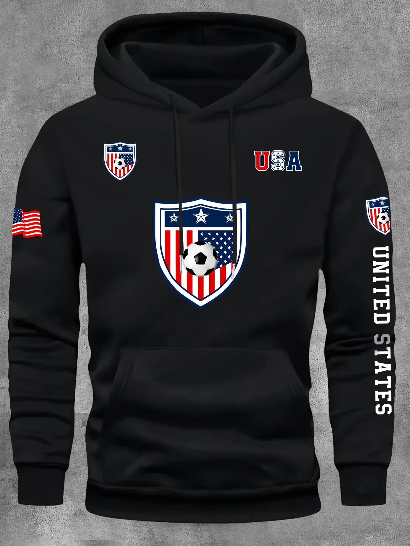 

Football print hoodie, comfortable pullover, front pocket, patriotic American football design