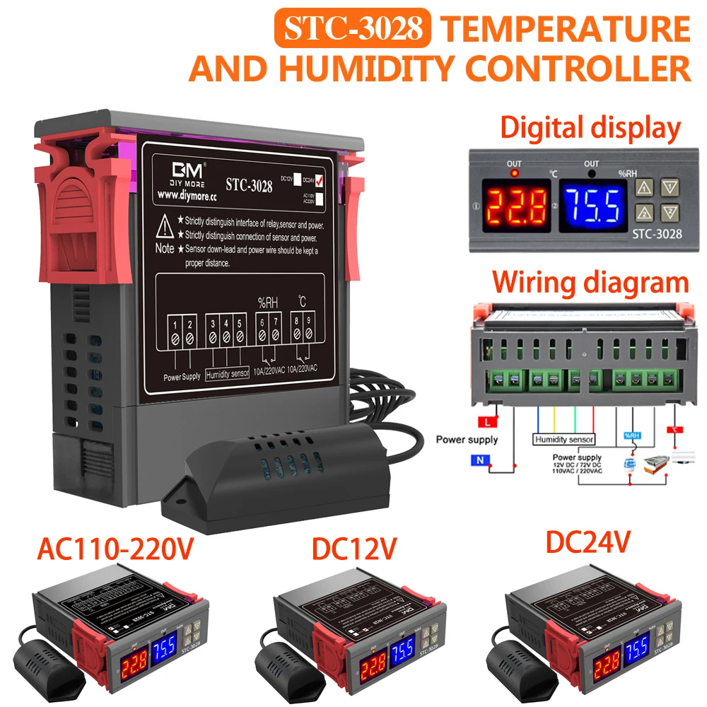 

STC-3028 Thermostat Humidistat Digital Temperature Controller AC110V-220V DC12V 24V Indoor Temperature Humidity Controller Senso