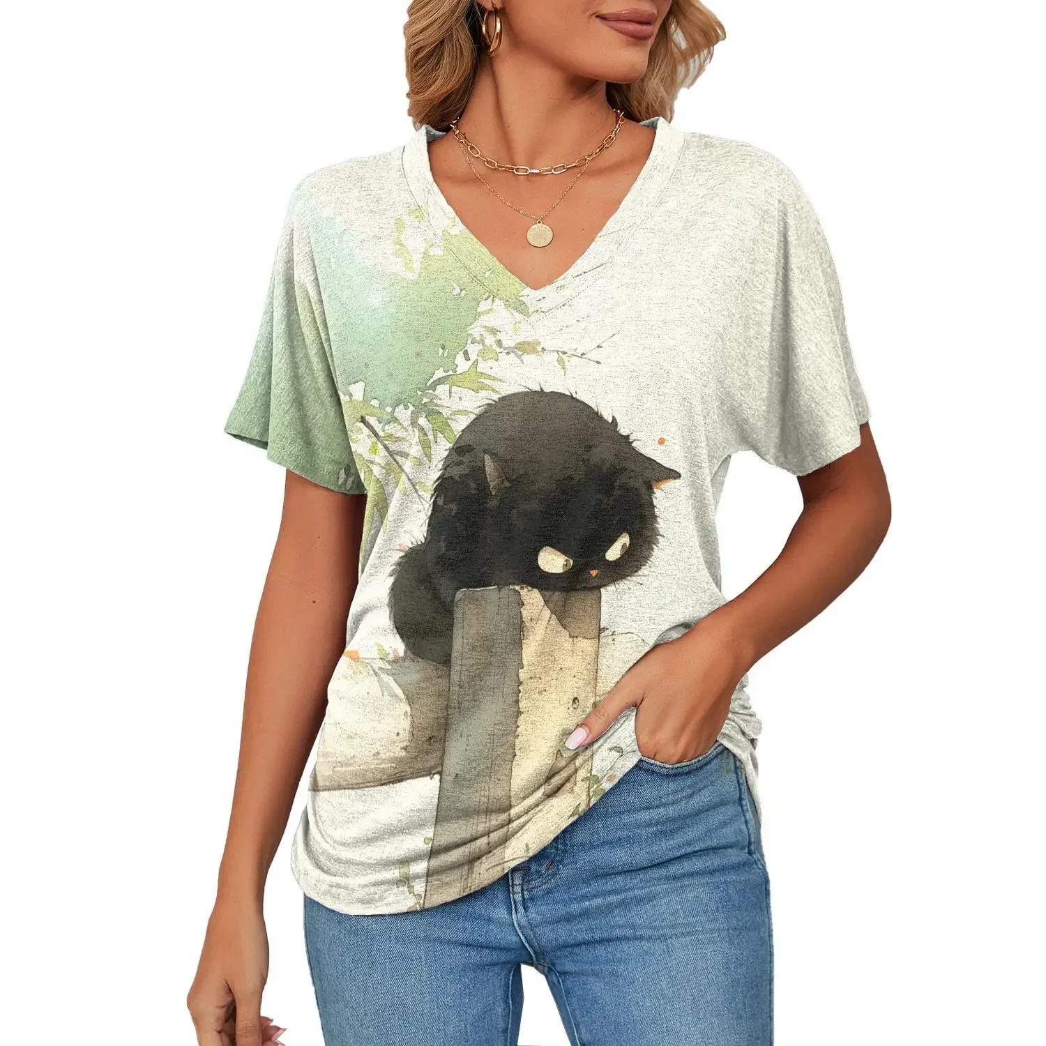 

T Shirt for Women 3D Printed Cute Cat Fresh Tree Leaves Pattern Tees Summer Harajuku T-Shirts V-Neck Tops Loose Short Sleeved
