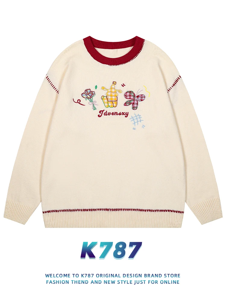 

Вязаный свитер K787 в американском ретро-стиле для колледжа, с вышивкой и контрастными вставками, для мужчин и женщин, с яркой контрастной строчкой, парный.