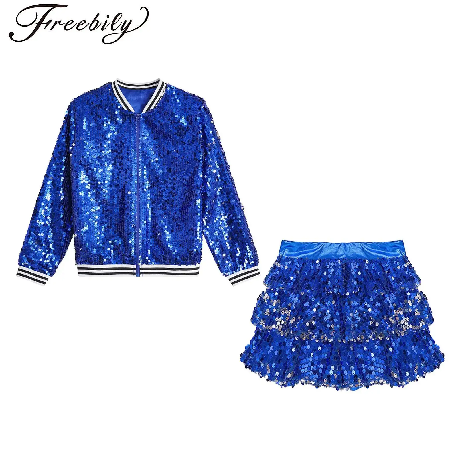 

Kids Girls Sequins Jazz Dance Outfits Glitter Baseball Jackets Outerwear with Skirted Shorts Culottes Hip Hop Dancewear Costumes