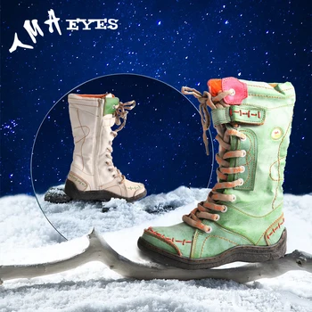 TMA EYES Damskie długie, ciepłe skórzane buty Ręcznie szyte buty zimowe w jednolitym kolorze