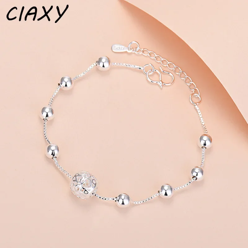 CIAXY 925 Sterling Silver Hollow Love Heart Bracelets for Women Round Bead Charm Bracelet Fashion Jewelry pulseras mujer