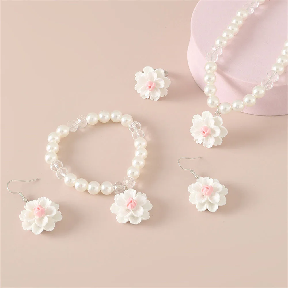 New European and American Light Luxury Niche Design Sweet Imitation Pearl Flower Pendant Children\'s Necklace Four-piece Set