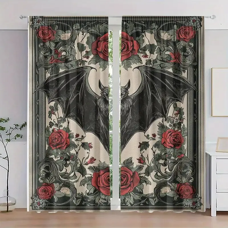 

2 шт. — художественные шторы с принтом темно-готических розы и летучей мыши, оконные украшения, украшения для дома, украшения для комнаты