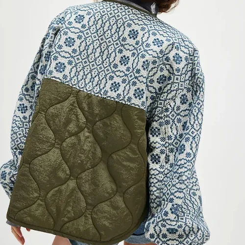 Imagen 2 del producto Chaqueta de algodón con estampado de cuello redondo para mujer, cárdigan informal con bolsillo y una botonadura, prendas de vestir cálidas para otoño e invierno