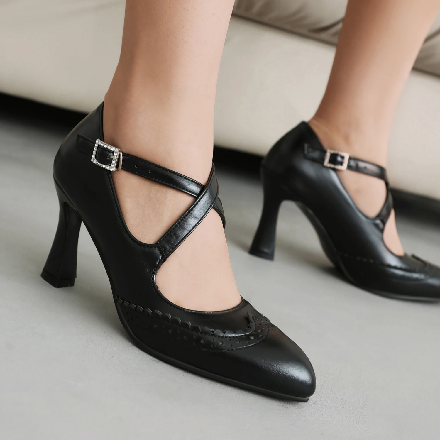 EAGSITY retro Mary Jane shoes brown women high heel ankle strap stiletto heel pumps dancing party lady wedding shoes