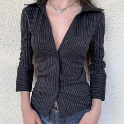 Vintage Lapel Neck Striped Shirts Women 2024 Summer New Slim Fit Blusas Mujer Y2k Long Sleeve Single Breasted Blouses