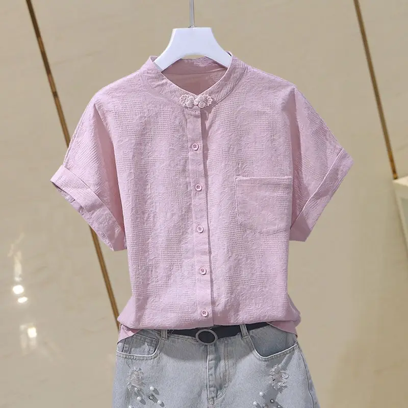 

Women Solid Color Summer Chinese Style Retro Pure Cotton Short Sleeve Blouses Fashion Stand Collar Pocket Single-breasted Shirts