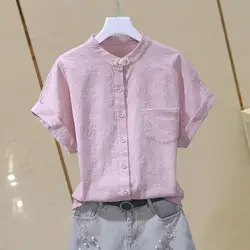 Women Solid Color Summer Chinese Style Retro Pure Cotton Short Sleeve Blouses Fashion Stand Collar Pocket Single-breasted Shirts