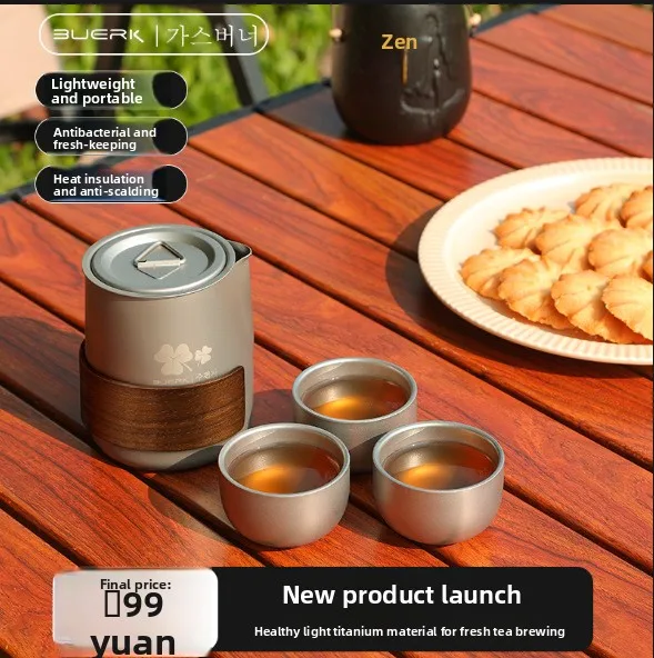 Portable Travel Tea Set with Titanium-Plated Alloy Teapot and Double-Wall Cups, Outdoor Camping Tea Brewing Kit with Kettle