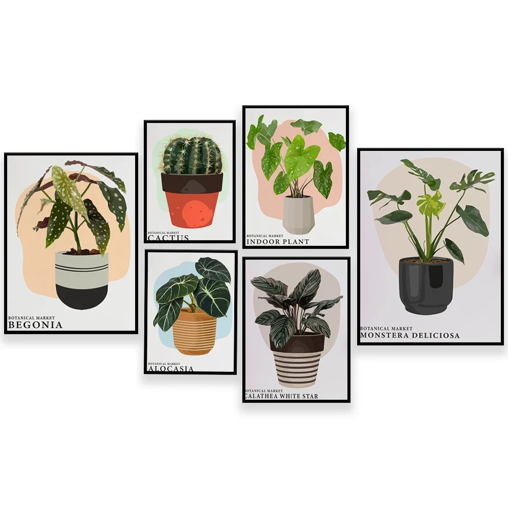 Plant market prints, ivy, monstera, dracaena, rubber plant, calla pollen plant, crabapple plant, cactus plant poster