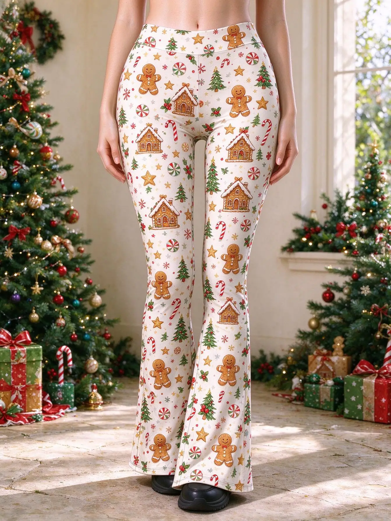 Women Mid-Rise Slim Flared Pants Christmas Gnome Plaid Hat Print Stretch Bell Bottoms Ladies Holiday Party Casual Flare Trousers