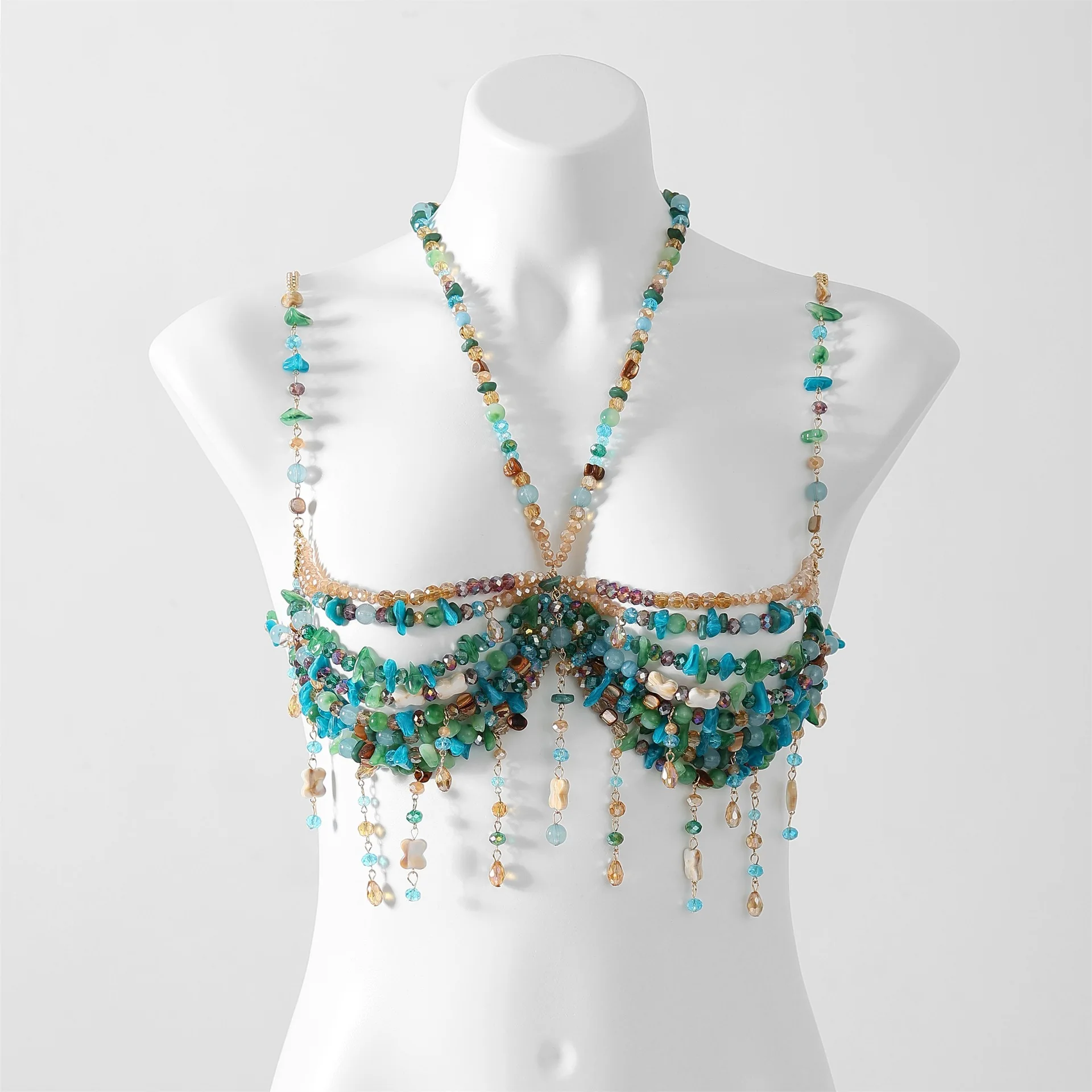 Women'S Fashion Beaded Bra Top Colored Pearl Tank Top Sexy Colorful Beaded Strapless Handmade Body Chain Beaded Top