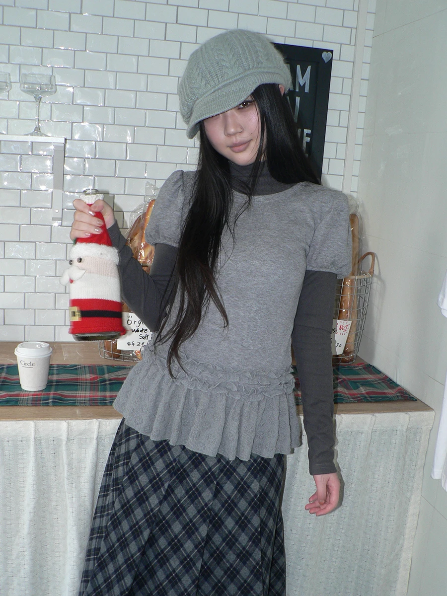 

Angproject 0 New Korean Sle f High Collar Long Sve Wooden Bubble Sve ort Sve Two Piece Set Women's Fas...