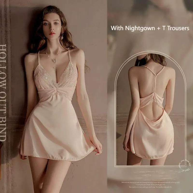 أزياء المرأة الصيف الغريبة حزام الملابس الجديدة الأوروبية والأمريكية نمط الدانتيل نمط الخامس الرقبة بلون ثوب النوم الأنيق