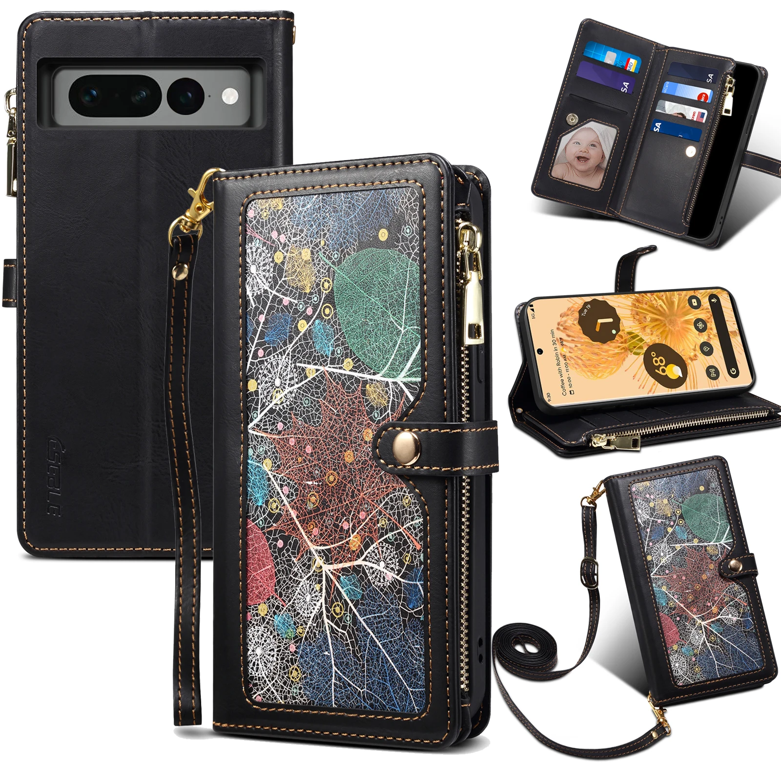 Flower pattern Leather Flip Case For Google Pixel 7 Pro 6 6A 6Pro Wallet Card Slot Holder Mobile Phone Cover With Free Rope