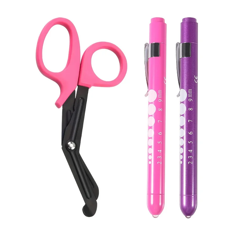 مجموعة مستلزمات طبية للممرضات مكونة من 3 قطع مع 2 مصباح قلم طبي + قطعة واحدة مقص جراحي حديدي متين مقاس 6 بوصات #1