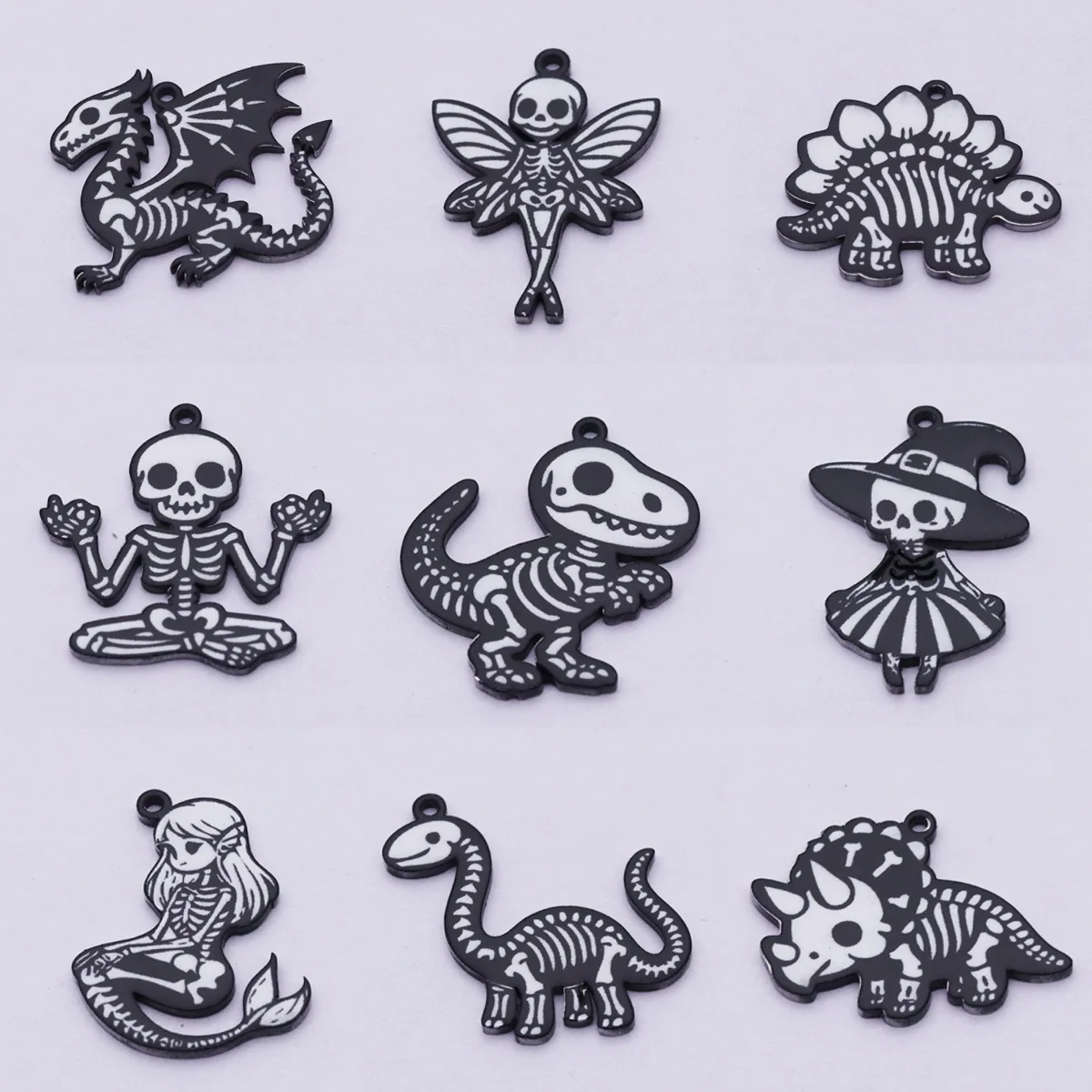 2pcs Punk Halloween Dragon Magic Witch Elf Mermaid Dinosaur Charms Black White Skeleton diy Accessories Stainless Steel Pendant