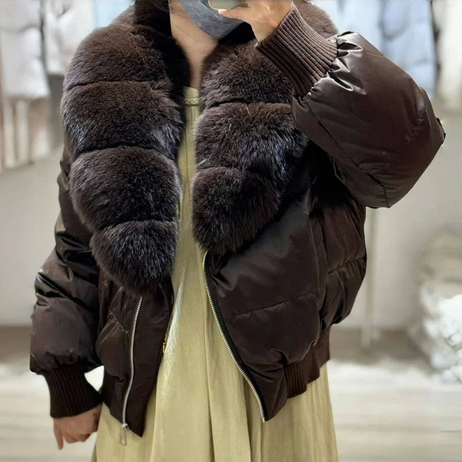 리얼 퍼 트리밍 푸퍼 재킷 여성용 겨울 다운 코트, 봄버 재킷, 신상 패션 숏 폭스 퍼 지퍼 코트