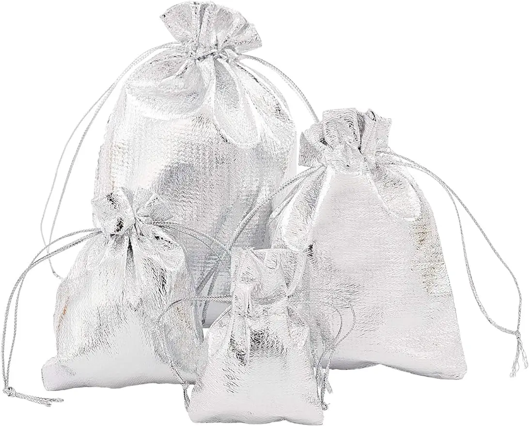 

60pcs Silver Gift Bags 4Sizes Organza Bags Drawstring Pouches Jewelry Bags Rectangular Pouches Drawstring Gift Bag