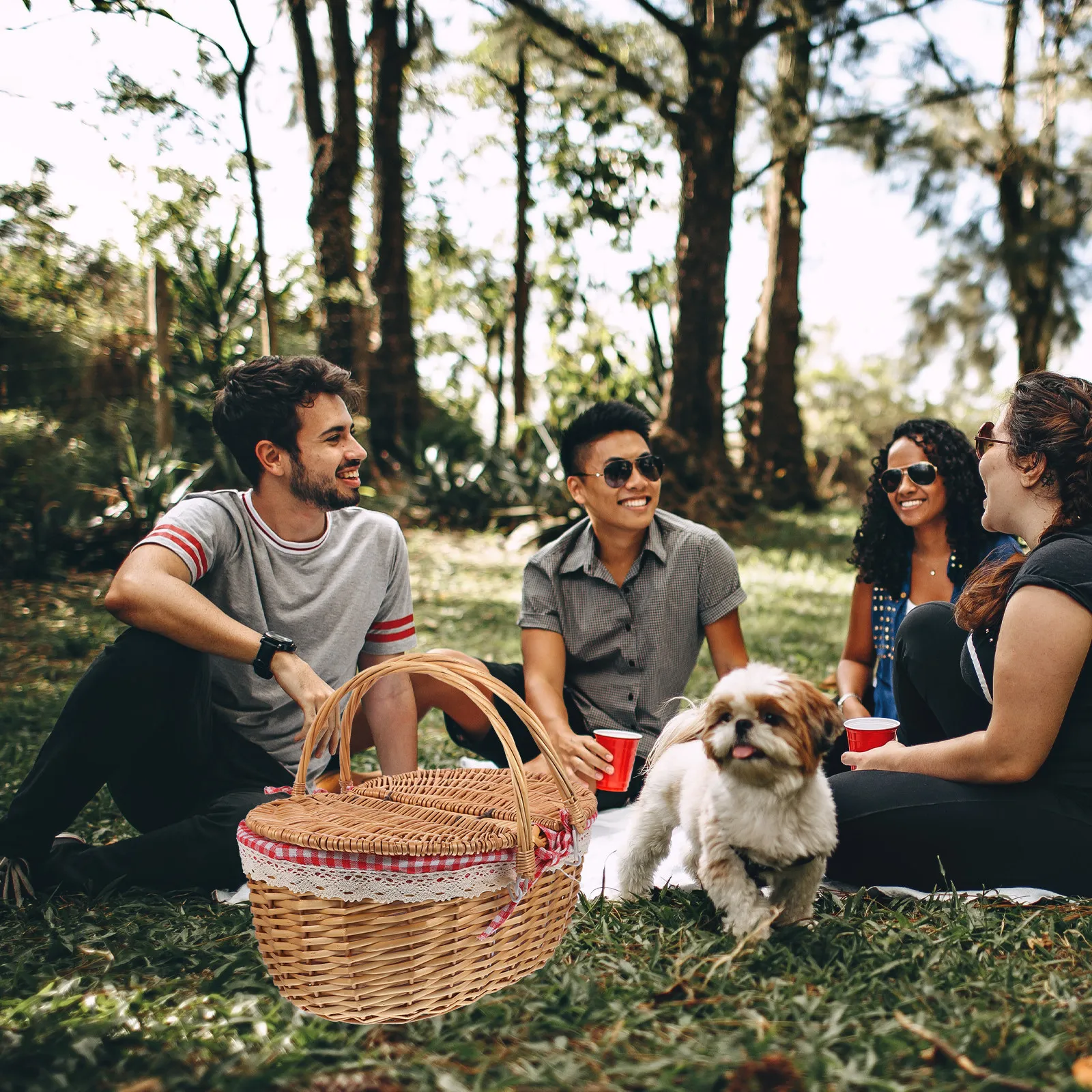 Outdoor Camping Ideas - 手編みの籐製ピクニックバスケット、素朴な編み込み収納バスケット、ハンドル付き、アウトドアキャンプ、果物、野菜、家の装飾、ギフトに最適