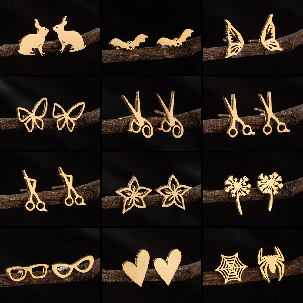 Модные золотые серьги из нержавеющей стали для женщин 2024 милые животные бабочки цветы козелка искусственные ювелирные изделия Модные золотые серьги из нержавеющей стали для женщин 2024 милые животные бабочки цветы козелка искусственные ювелирные изделия